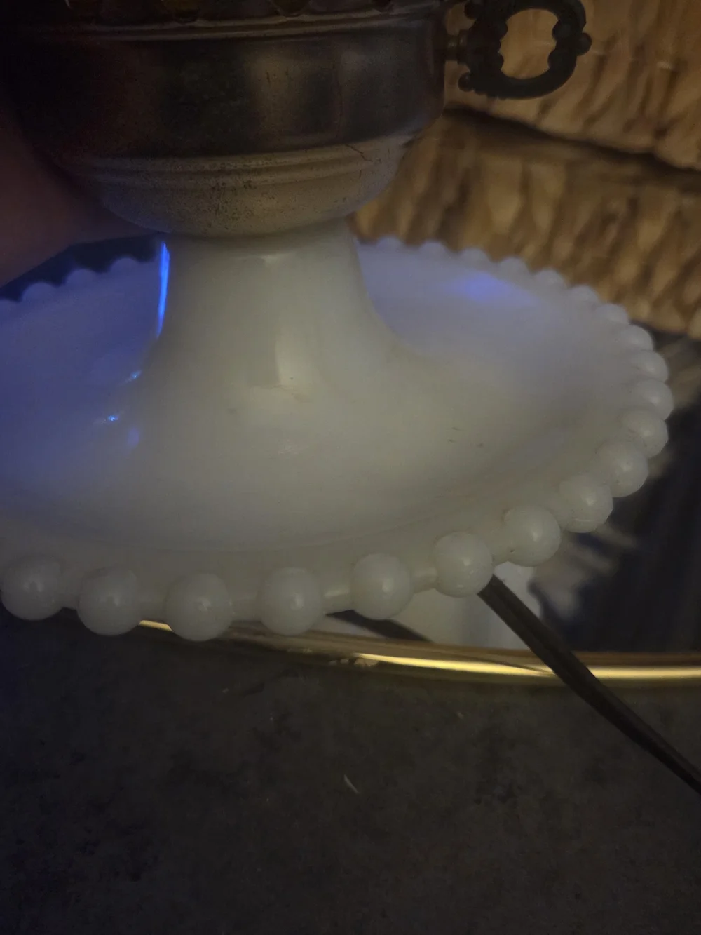 Vintage 70s Hand Painted Milk Glass Electric Hurricane Table | Boudoir Lamp